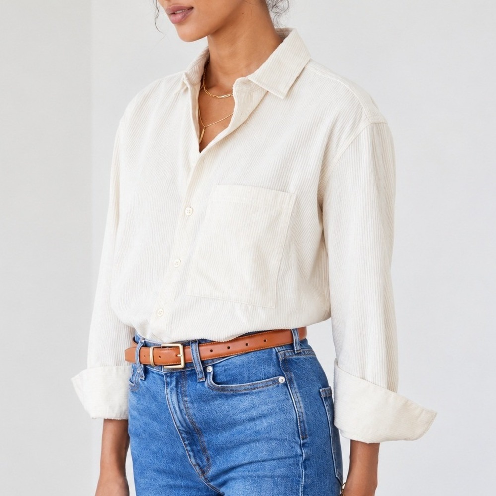 AYR The Deep End Corduroy Button Down Shirt Tahitian Vanilla Cream Size Medium